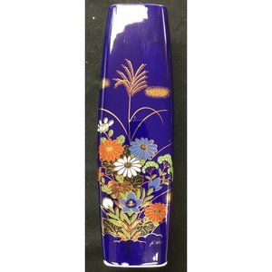 9½" Blue Vase with Gold White Blue and Orange Flowers